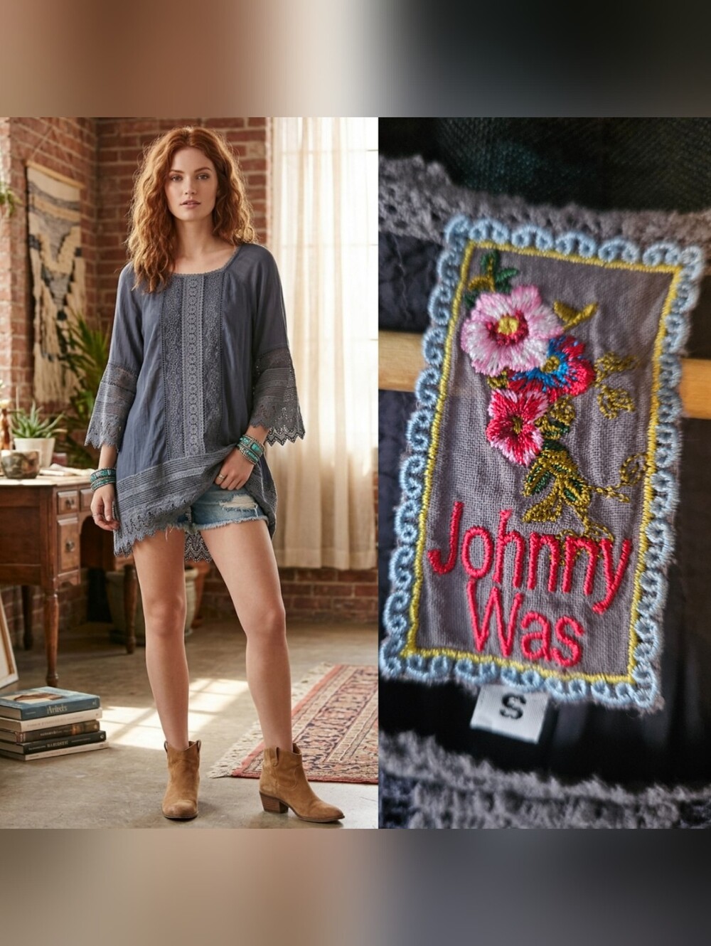 Johnny Was Gray Cupra Rayon Crochet Lace Boho Tunic Top Blouse Size S